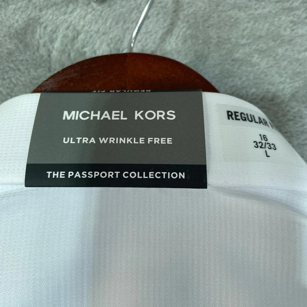 NWT Michael Kors Men's L 16 32-33 White Passport Regular Fit Dress Shirt
